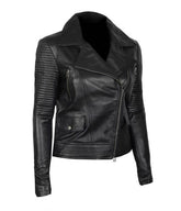 Women's Asymmetrical Quilted Black Motorcycle Leather Jacket